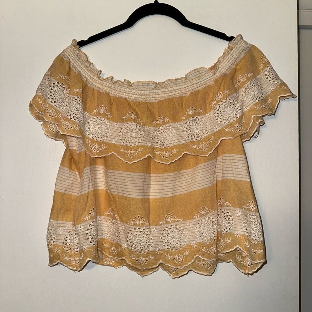 American Eagle Boho Yellow White Stripe Eyelet Lace Shirt Small NWOT